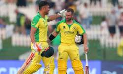 Australia's Marcus Stoinis, left, and Matthew Wade celebrate winning their Cricket Twenty20 World Cu
