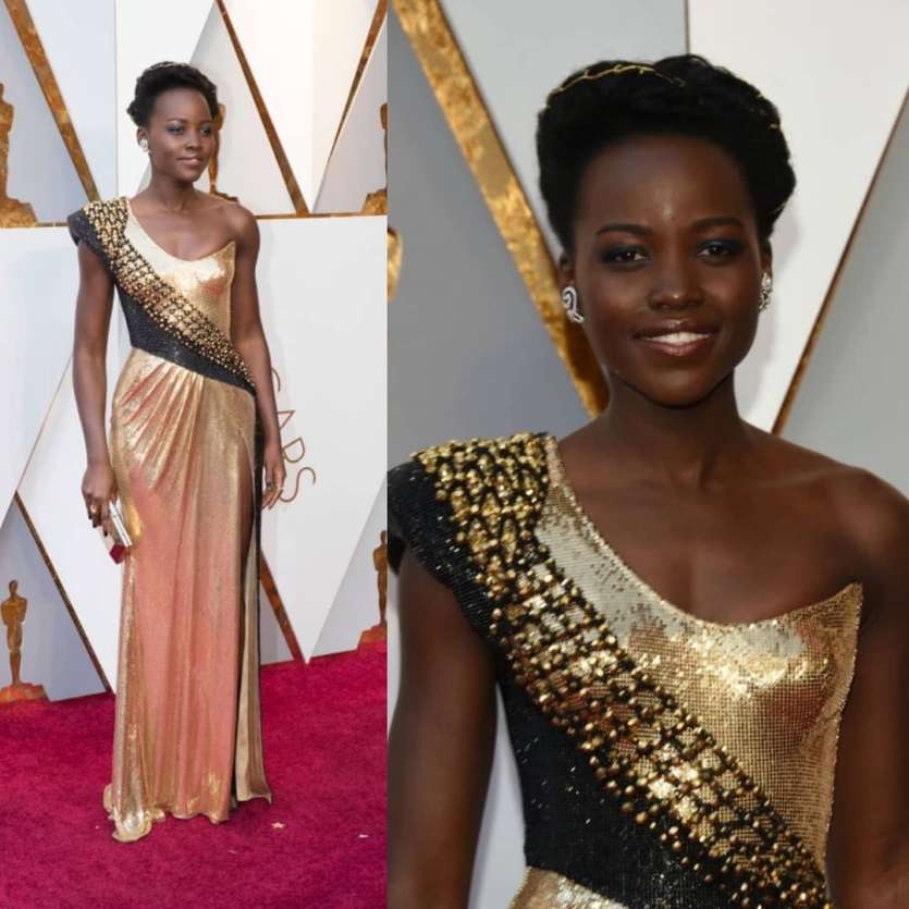 The actress is being hailed for her spectacular performance in Black Panther. She walked the red carpet in a metallic gown by Versace. She also shared a picture of herself on her Instagram account. 