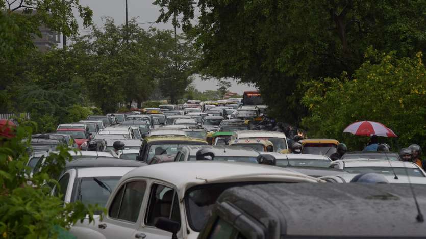 Traffic jam near ITO due to waterlogging following heavy rains, in New Delhi.