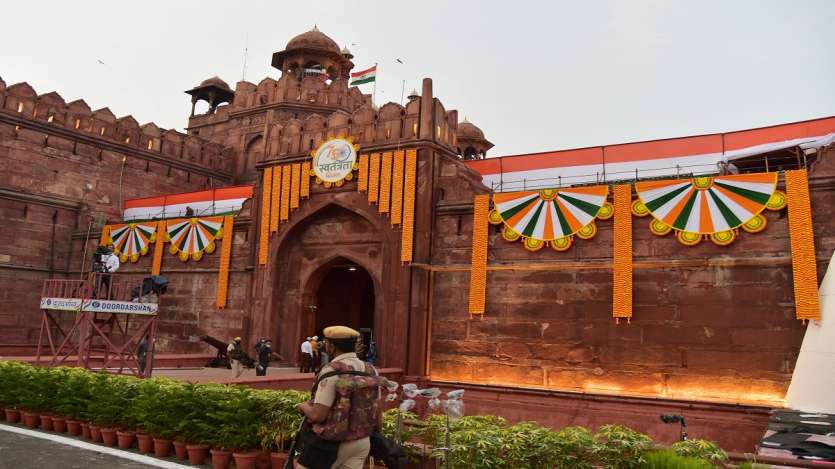 A view of Red Fort during the full dress rehearsal ahead of the 75th Independence Day celebrations.  