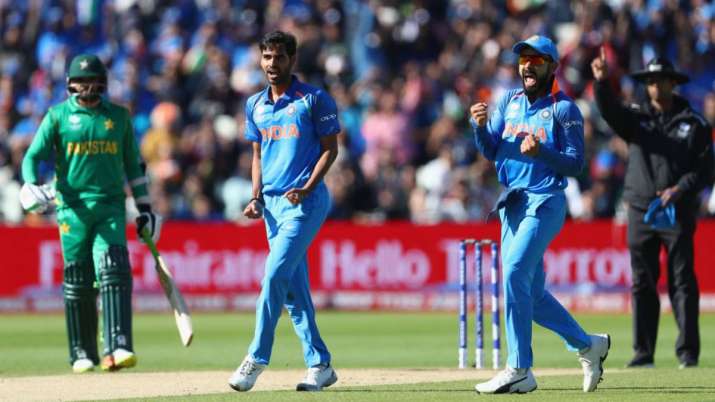 Bhuvneshwar Kumar captures the wicket of Ahmed Shehzad of Pakistan during the ICC Champions Trophy 