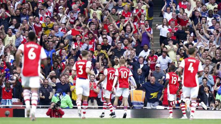 Aubameyang, center, celebrates scoring their side's first goal
